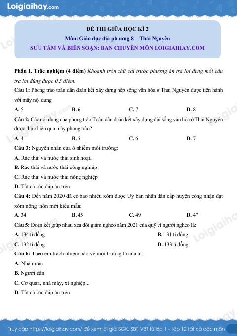 Đề thi giữa kì 2 GDĐP 8 Thái Nguyên - Đề 3